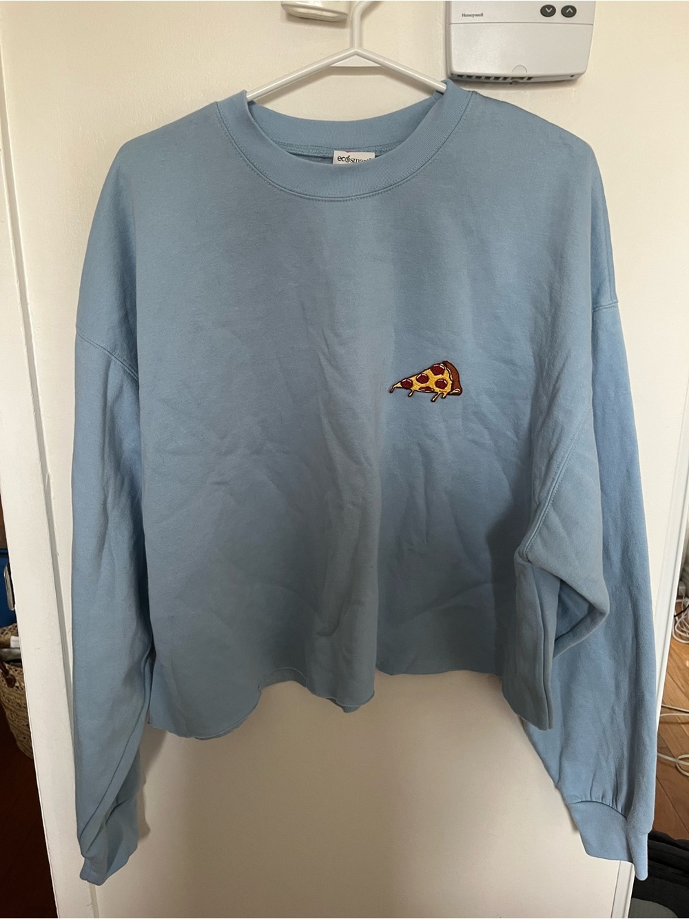 Women’s Light Blue Cropped Sweatshirt with Pizza Patch Cropped